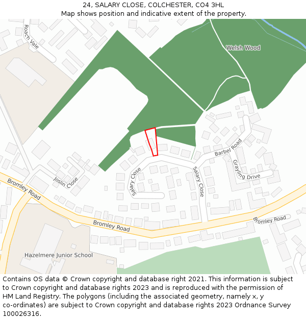 24, SALARY CLOSE, COLCHESTER, CO4 3HL: Location map and indicative extent of plot