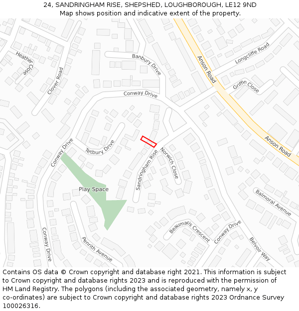 24, SANDRINGHAM RISE, SHEPSHED, LOUGHBOROUGH, LE12 9ND: Location map and indicative extent of plot