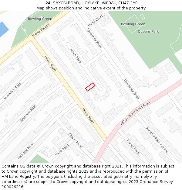 24, SAXON ROAD, HOYLAKE, WIRRAL, CH47 3AF: Location map and indicative extent of plot