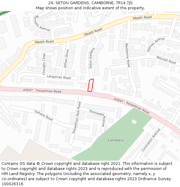 24, SETON GARDENS, CAMBORNE, TR14 7JS: Location map and indicative extent of plot