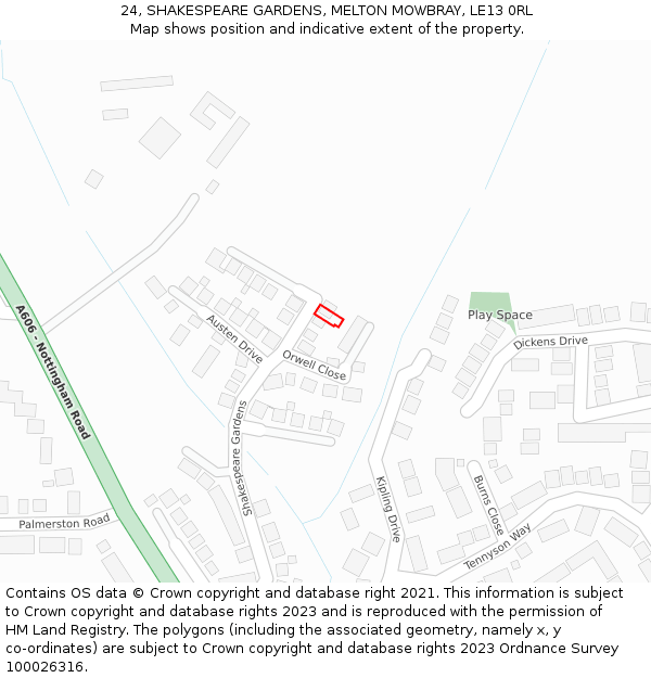 24, SHAKESPEARE GARDENS, MELTON MOWBRAY, LE13 0RL: Location map and indicative extent of plot