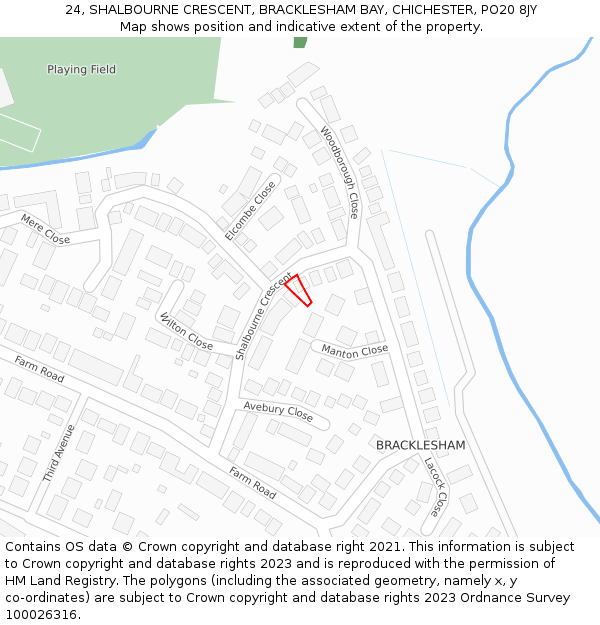 24, SHALBOURNE CRESCENT, BRACKLESHAM BAY, CHICHESTER, PO20 8JY: Location map and indicative extent of plot