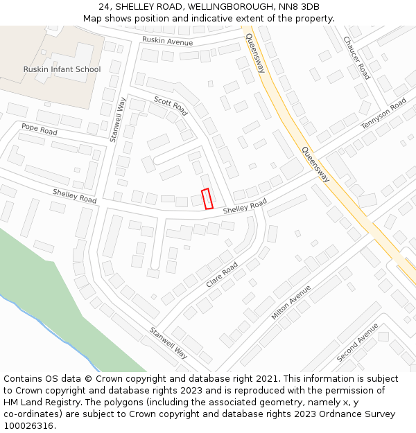 24, SHELLEY ROAD, WELLINGBOROUGH, NN8 3DB: Location map and indicative extent of plot