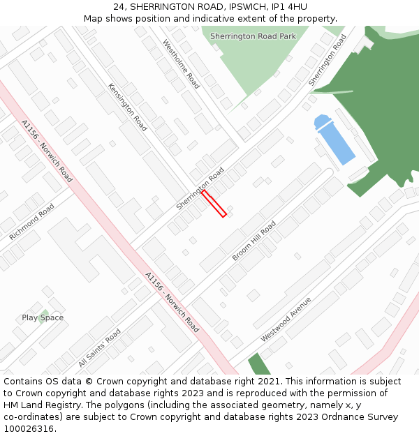 24, SHERRINGTON ROAD, IPSWICH, IP1 4HU: Location map and indicative extent of plot