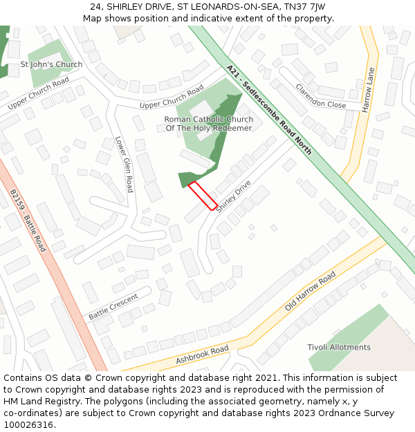 24, SHIRLEY DRIVE, ST LEONARDS-ON-SEA, TN37 7JW: Location map and indicative extent of plot