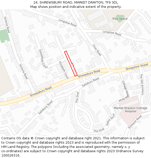 24, SHREWSBURY ROAD, MARKET DRAYTON, TF9 3DL: Location map and indicative extent of plot