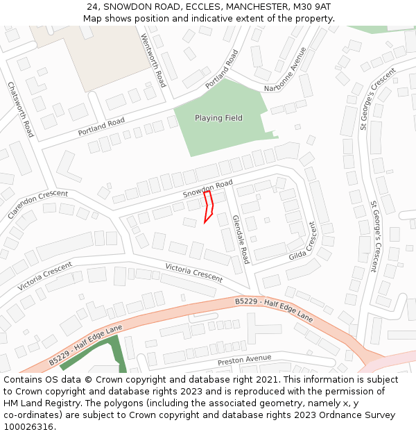 24, SNOWDON ROAD, ECCLES, MANCHESTER, M30 9AT: Location map and indicative extent of plot