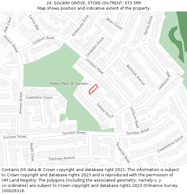 24, SOLWAY GROVE, STOKE-ON-TRENT, ST3 5RR: Location map and indicative extent of plot