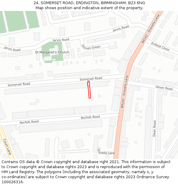 24, SOMERSET ROAD, ERDINGTON, BIRMINGHAM, B23 6NG: Location map and indicative extent of plot