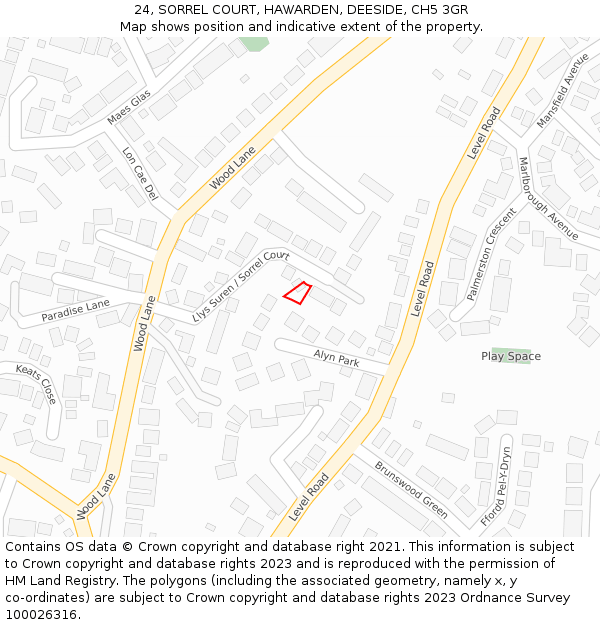 24, SORREL COURT, HAWARDEN, DEESIDE, CH5 3GR: Location map and indicative extent of plot