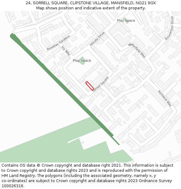 24, SORRELL SQUARE, CLIPSTONE VILLAGE, MANSFIELD, NG21 9GX: Location map and indicative extent of plot