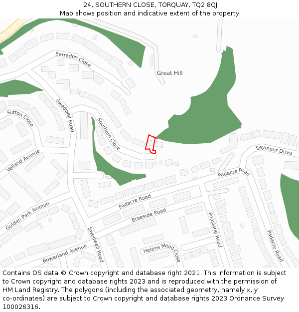 24, SOUTHERN CLOSE, TORQUAY, TQ2 8QJ: Location map and indicative extent of plot