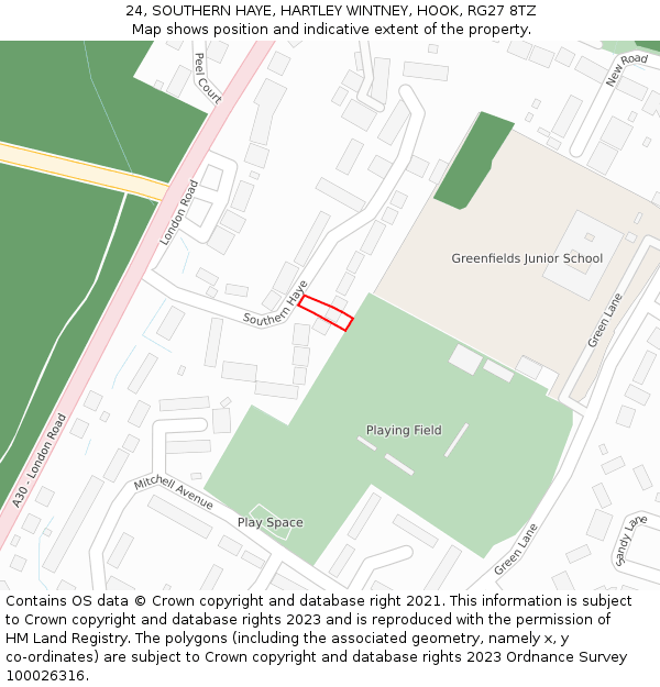 24, SOUTHERN HAYE, HARTLEY WINTNEY, HOOK, RG27 8TZ: Location map and indicative extent of plot