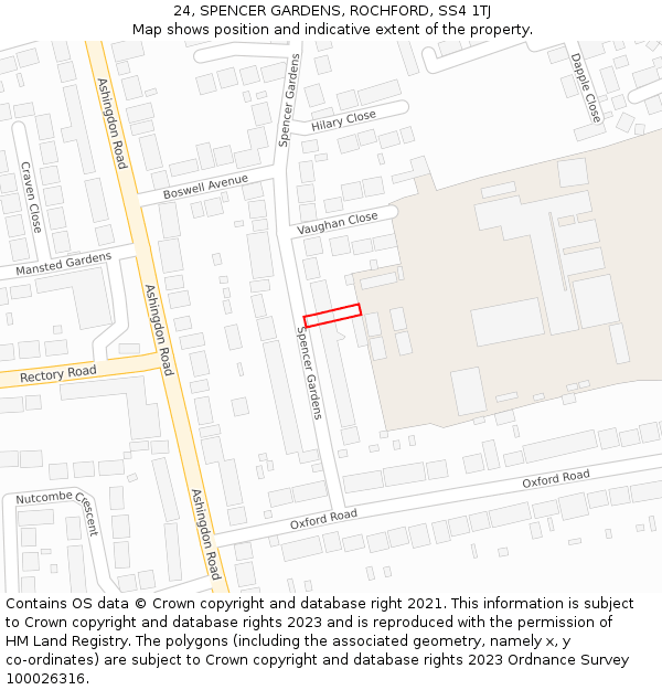 24, SPENCER GARDENS, ROCHFORD, SS4 1TJ: Location map and indicative extent of plot