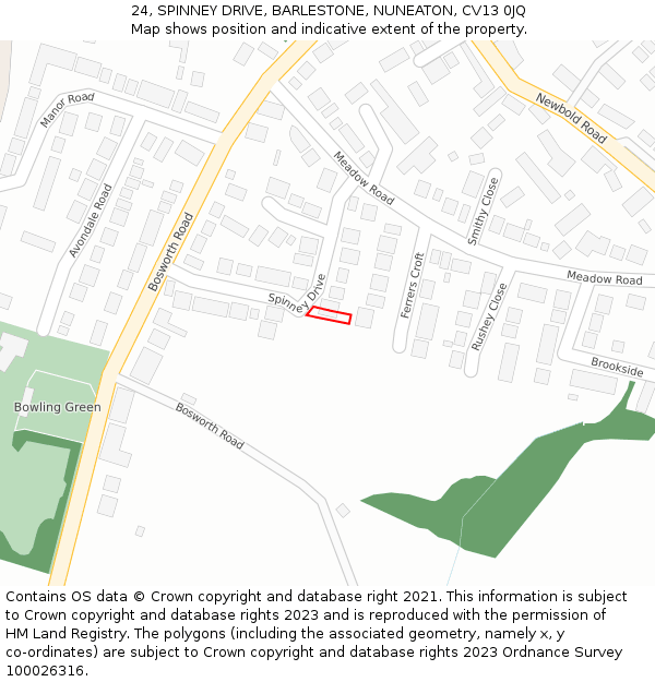 24, SPINNEY DRIVE, BARLESTONE, NUNEATON, CV13 0JQ: Location map and indicative extent of plot