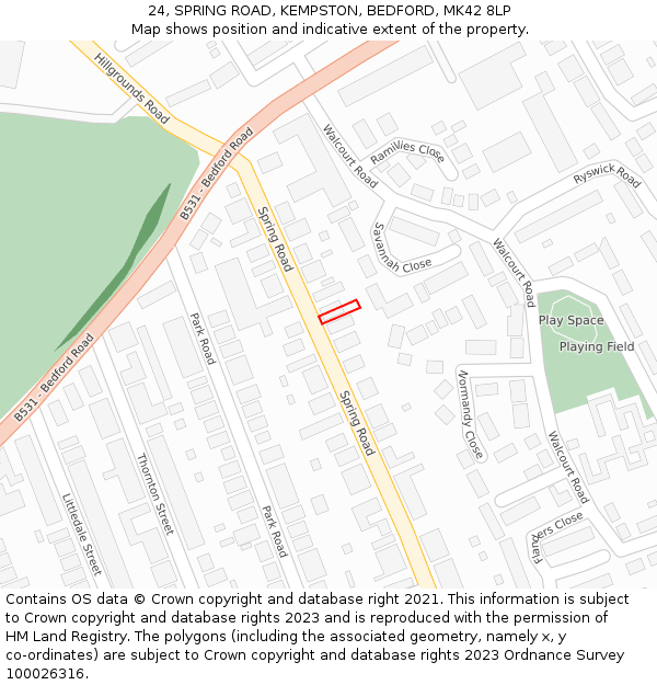 24, SPRING ROAD, KEMPSTON, BEDFORD, MK42 8LP: Location map and indicative extent of plot