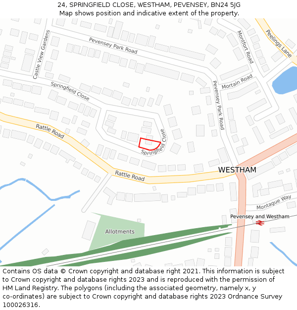 24, SPRINGFIELD CLOSE, WESTHAM, PEVENSEY, BN24 5JG: Location map and indicative extent of plot