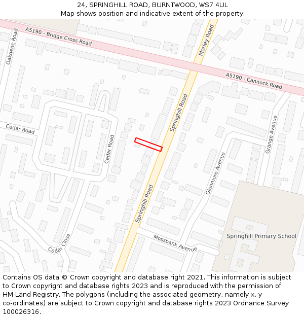 24, SPRINGHILL ROAD, BURNTWOOD, WS7 4UL: Location map and indicative extent of plot