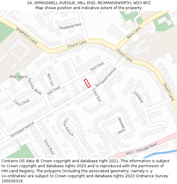24, SPRINGWELL AVENUE, MILL END, RICKMANSWORTH, WD3 8PZ: Location map and indicative extent of plot