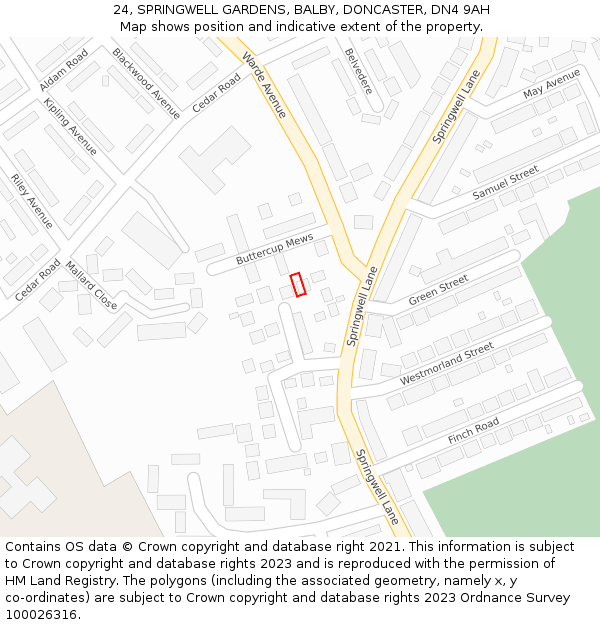 24, SPRINGWELL GARDENS, BALBY, DONCASTER, DN4 9AH: Location map and indicative extent of plot