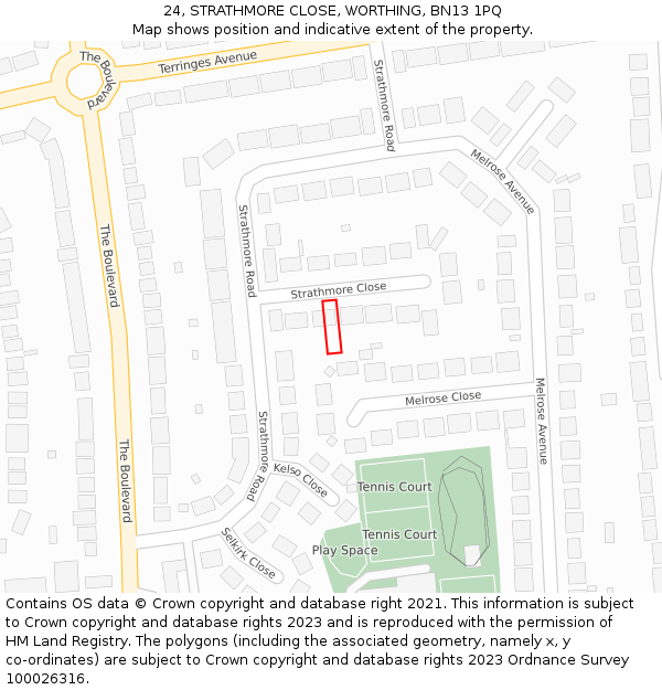 24, STRATHMORE CLOSE, WORTHING, BN13 1PQ: Location map and indicative extent of plot