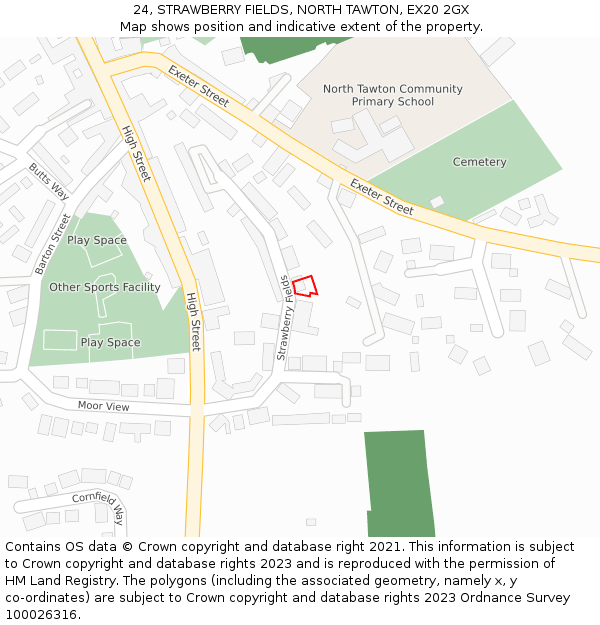 24, STRAWBERRY FIELDS, NORTH TAWTON, EX20 2GX: Location map and indicative extent of plot