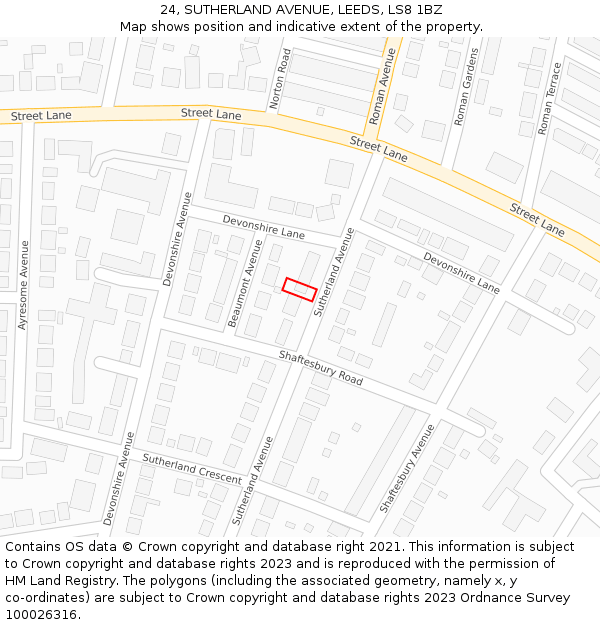 24, SUTHERLAND AVENUE, LEEDS, LS8 1BZ: Location map and indicative extent of plot