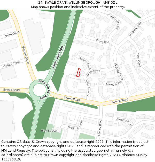 24, SWALE DRIVE, WELLINGBOROUGH, NN8 5ZL: Location map and indicative extent of plot