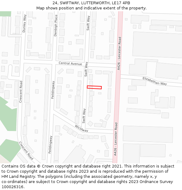 24, SWIFTWAY, LUTTERWORTH, LE17 4PB: Location map and indicative extent of plot