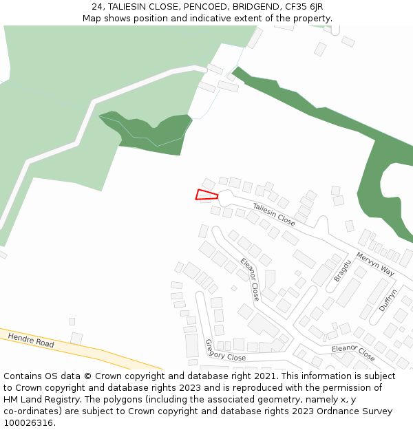 24, TALIESIN CLOSE, PENCOED, BRIDGEND, CF35 6JR: Location map and indicative extent of plot