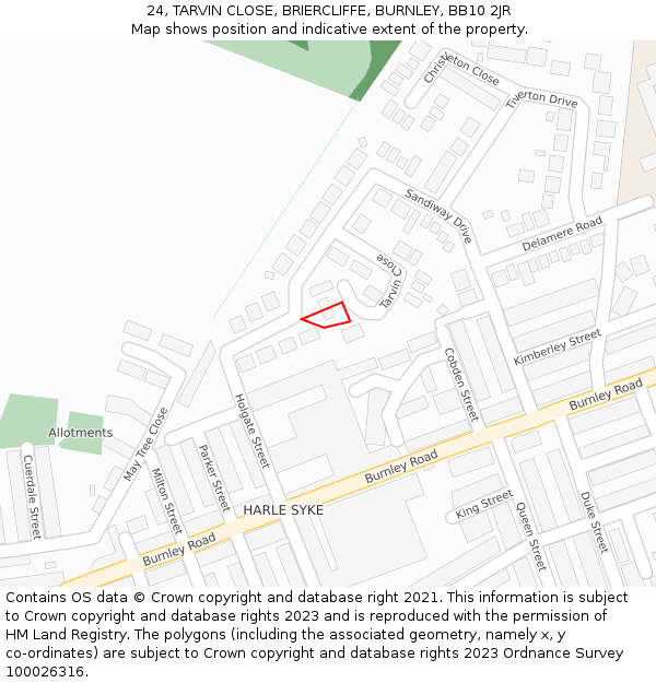 24, TARVIN CLOSE, BRIERCLIFFE, BURNLEY, BB10 2JR: Location map and indicative extent of plot