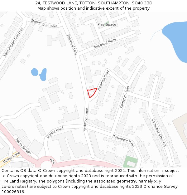 24, TESTWOOD LANE, TOTTON, SOUTHAMPTON, SO40 3BD: Location map and indicative extent of plot