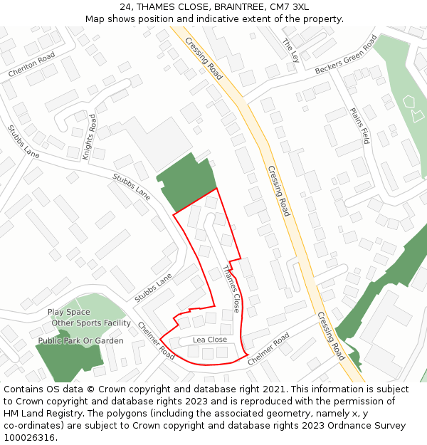 24, THAMES CLOSE, BRAINTREE, CM7 3XL: Location map and indicative extent of plot