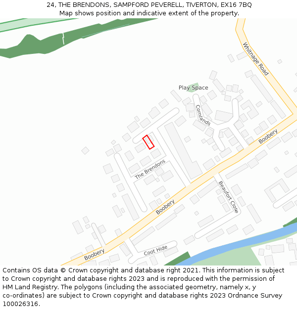 24, THE BRENDONS, SAMPFORD PEVERELL, TIVERTON, EX16 7BQ: Location map and indicative extent of plot