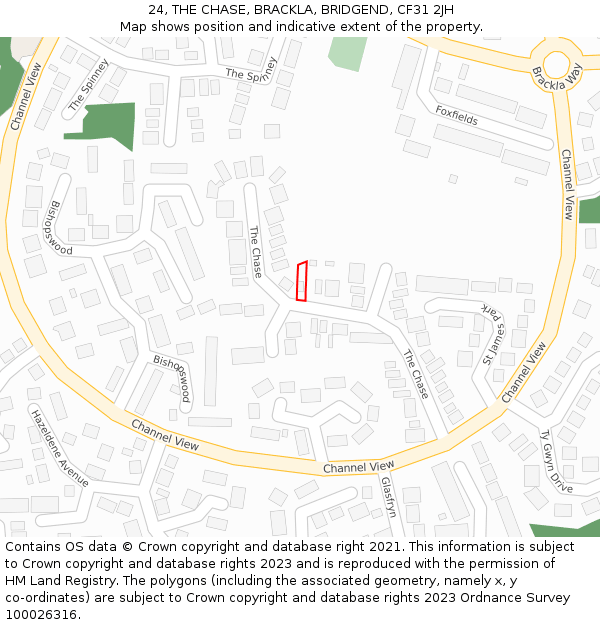 24, THE CHASE, BRACKLA, BRIDGEND, CF31 2JH: Location map and indicative extent of plot