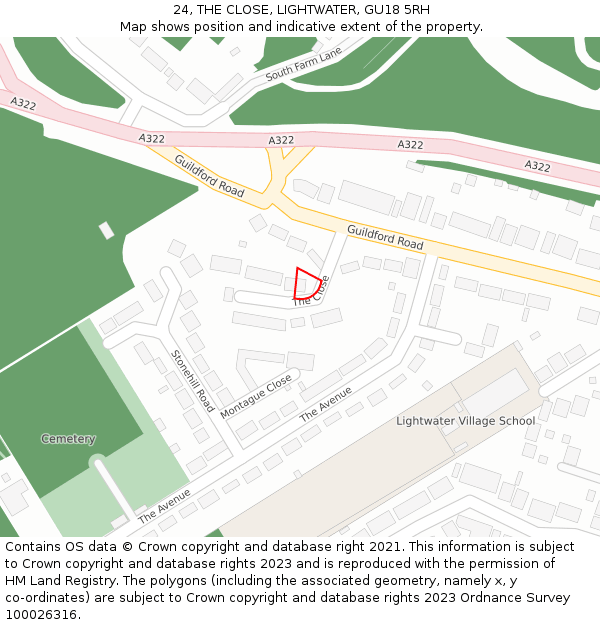 24, THE CLOSE, LIGHTWATER, GU18 5RH: Location map and indicative extent of plot