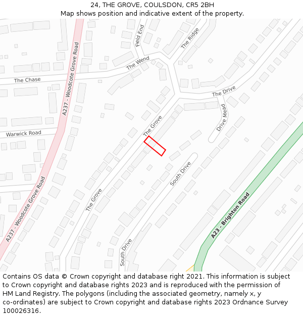 24, THE GROVE, COULSDON, CR5 2BH: Location map and indicative extent of plot