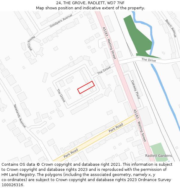 24, THE GROVE, RADLETT, WD7 7NF: Location map and indicative extent of plot