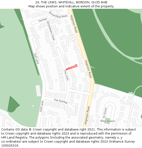 24, THE LINKS, WHITEHILL, BORDON, GU35 9HB: Location map and indicative extent of plot