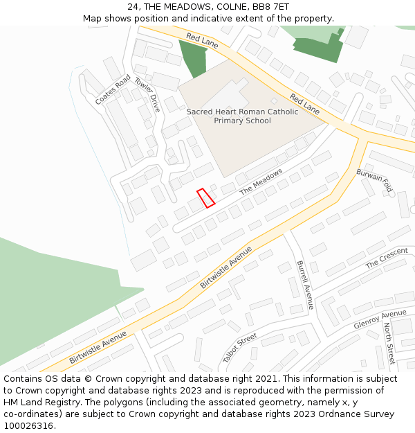 24, THE MEADOWS, COLNE, BB8 7ET: Location map and indicative extent of plot