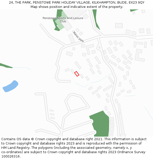 24, THE PARK, PENSTOWE PARK HOLIDAY VILLAGE, KILKHAMPTON, BUDE, EX23 9QY: Location map and indicative extent of plot