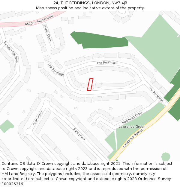 24, THE REDDINGS, LONDON, NW7 4JR: Location map and indicative extent of plot