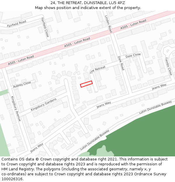 24, THE RETREAT, DUNSTABLE, LU5 4PZ: Location map and indicative extent of plot