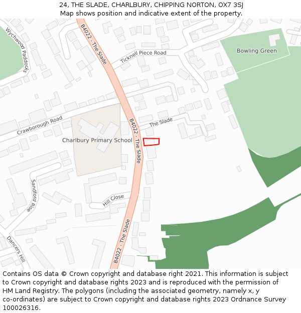 24, THE SLADE, CHARLBURY, CHIPPING NORTON, OX7 3SJ: Location map and indicative extent of plot