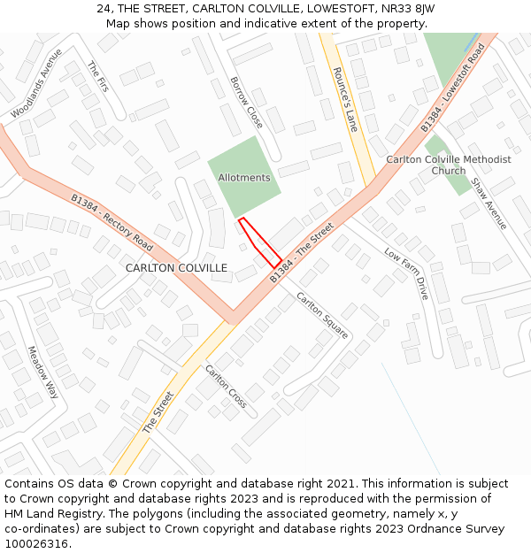 24, THE STREET, CARLTON COLVILLE, LOWESTOFT, NR33 8JW: Location map and indicative extent of plot