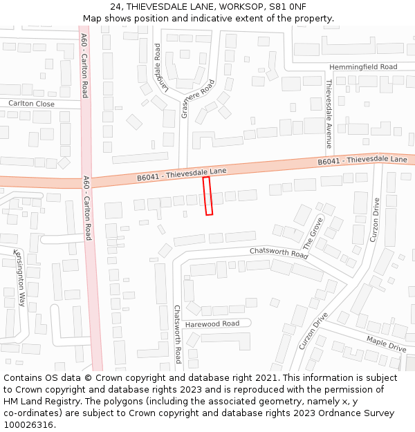 24, THIEVESDALE LANE, WORKSOP, S81 0NF: Location map and indicative extent of plot