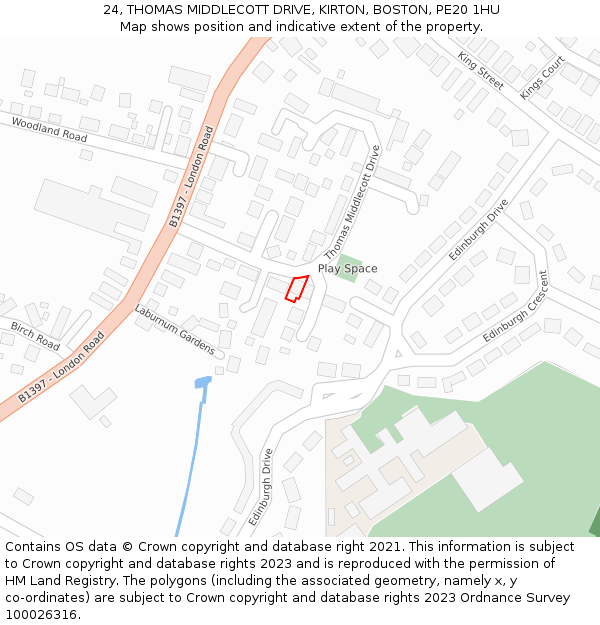 24, THOMAS MIDDLECOTT DRIVE, KIRTON, BOSTON, PE20 1HU: Location map and indicative extent of plot