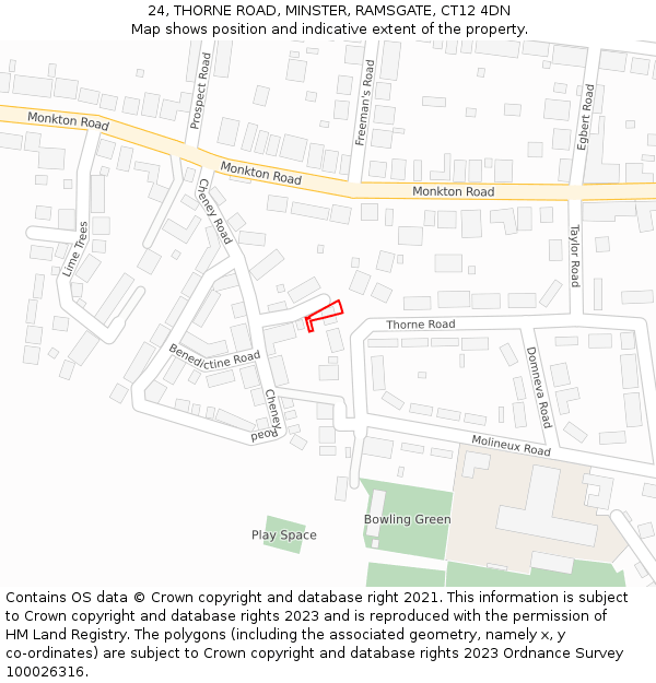 24, THORNE ROAD, MINSTER, RAMSGATE, CT12 4DN: Location map and indicative extent of plot