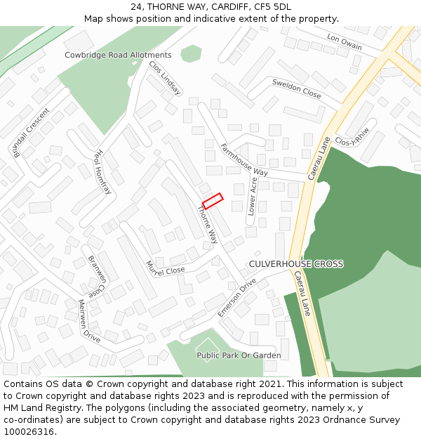 24, THORNE WAY, CARDIFF, CF5 5DL: Location map and indicative extent of plot