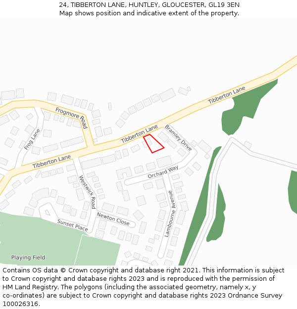 24, TIBBERTON LANE, HUNTLEY, GLOUCESTER, GL19 3EN: Location map and indicative extent of plot